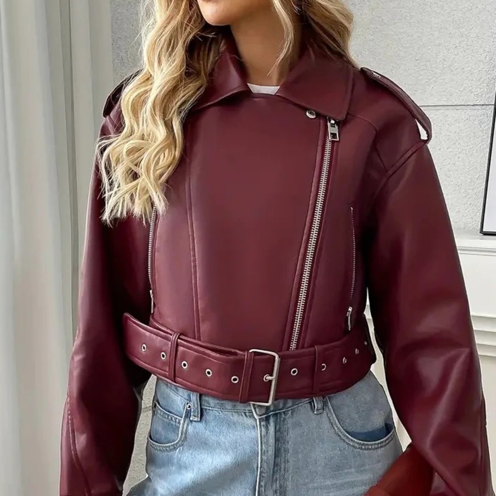 Women's Burgundy faux Leather Jacket blazer - Picture 2 of 4